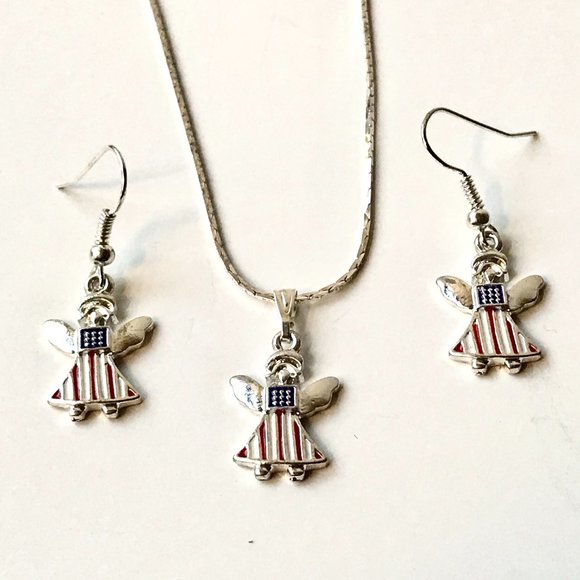 USA American Flag Necklace Earrings Set Angel Patriotic July 4th Enamel 18" - Picture 10 of 12